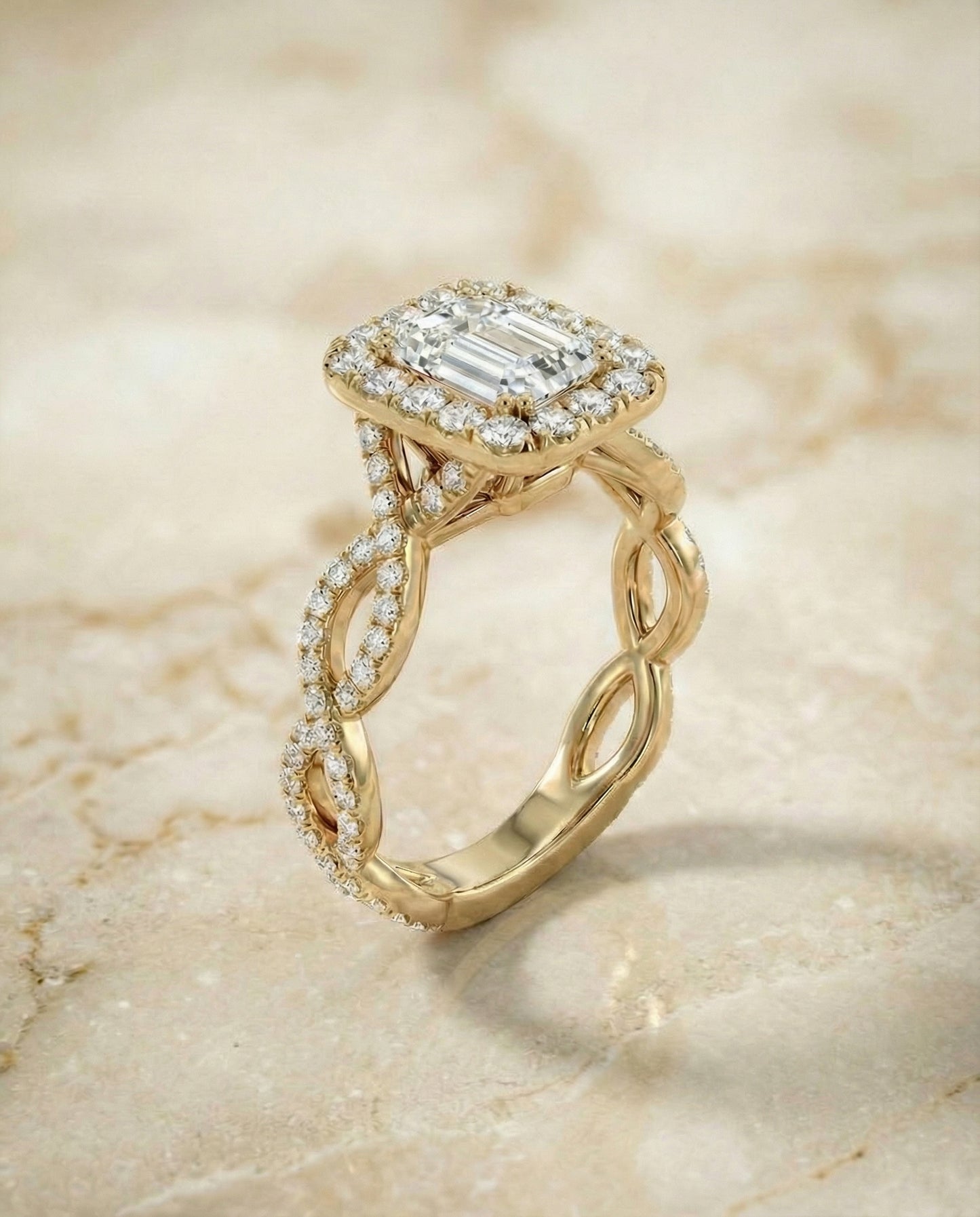 Ribbon Twist Pavé Halo Emerald in 18K Yellow Gold