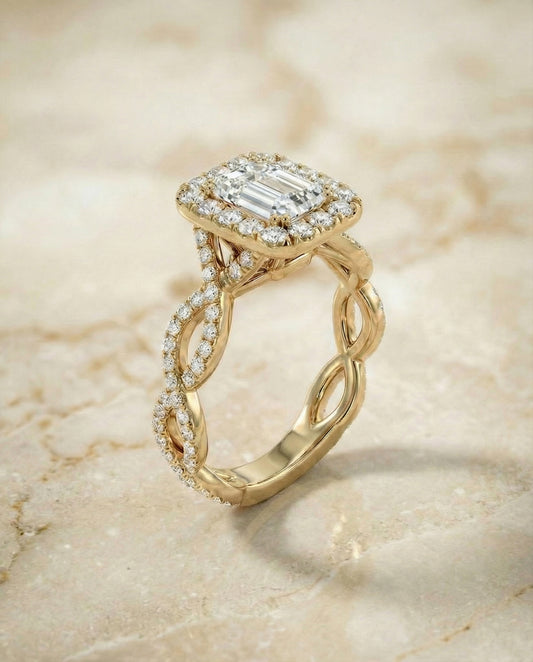 Ribbon Twist Pavé Halo Emerald in 18K Yellow Gold