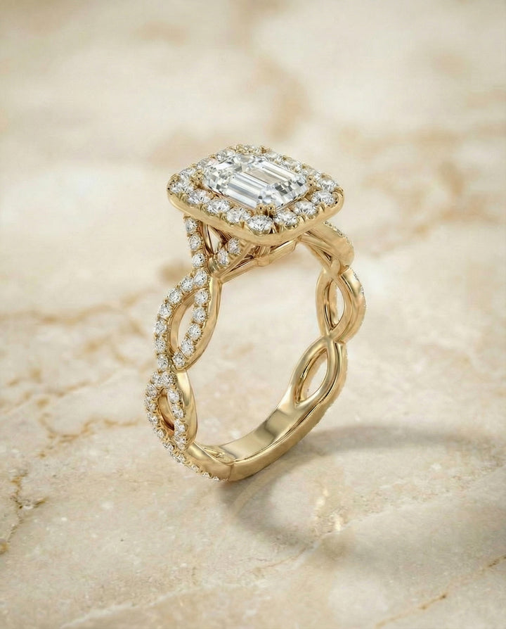 European Cut, Ribbon Twist Pavé Halo Emerald, in 18K Yellow Gold, pave setting – angled view | RockHer