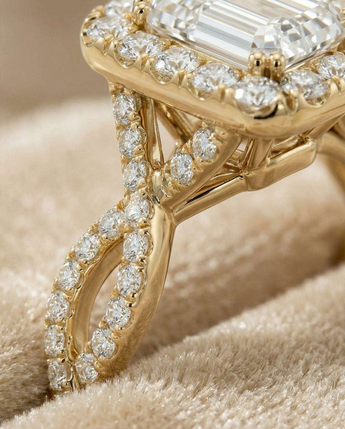 Annie Select Halo Emerald Cut Lab Diamond Engagement Ring in 18K Yellow Gold, detail view | RockHer