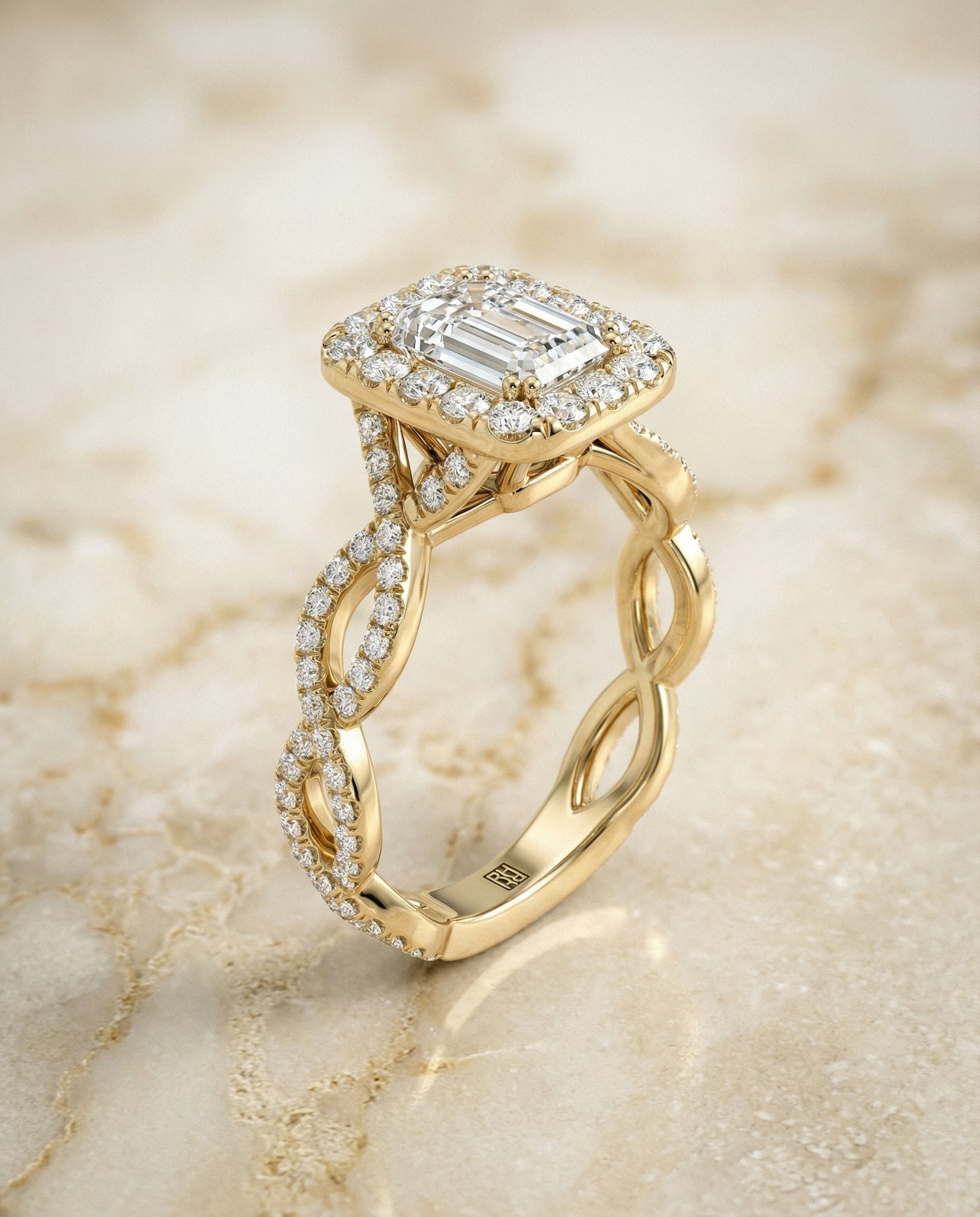 Annie Select Halo Emerald Cut Lab Diamond Engagement Ring in 18K Yellow Gold, front view | RockHer