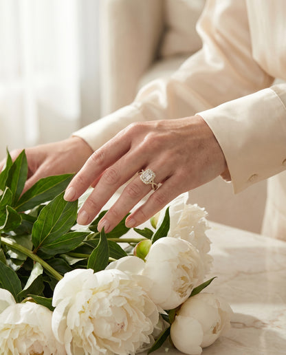 European Cut, Ribbon Twist Pavé Halo Emerald, in 18K Yellow Gold, pave setting – lifestyle shot | RockHer