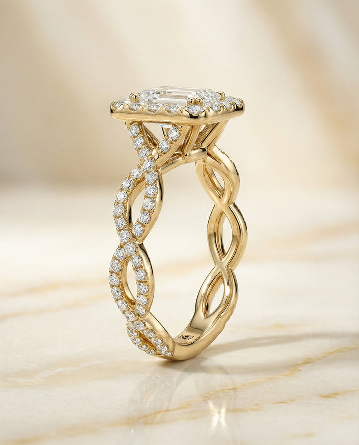 Ribbon Twist Pavé Halo Emerald in 18K Yellow Gold