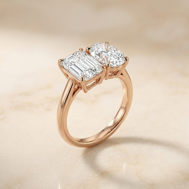 European Cut, 14K Rose Gold Rihanna Toi et Moi Select Emerald & Pear Lab Diamond Engagement Ring, prong setting – side profile | RockHer