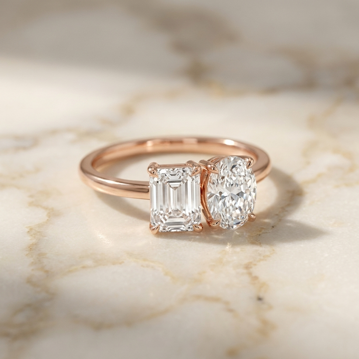 European Cut, 14K Rose Gold Rihanna Toi et Moi Select Emerald & Pear Lab Diamond Engagement Ring, prong setting | RockHer