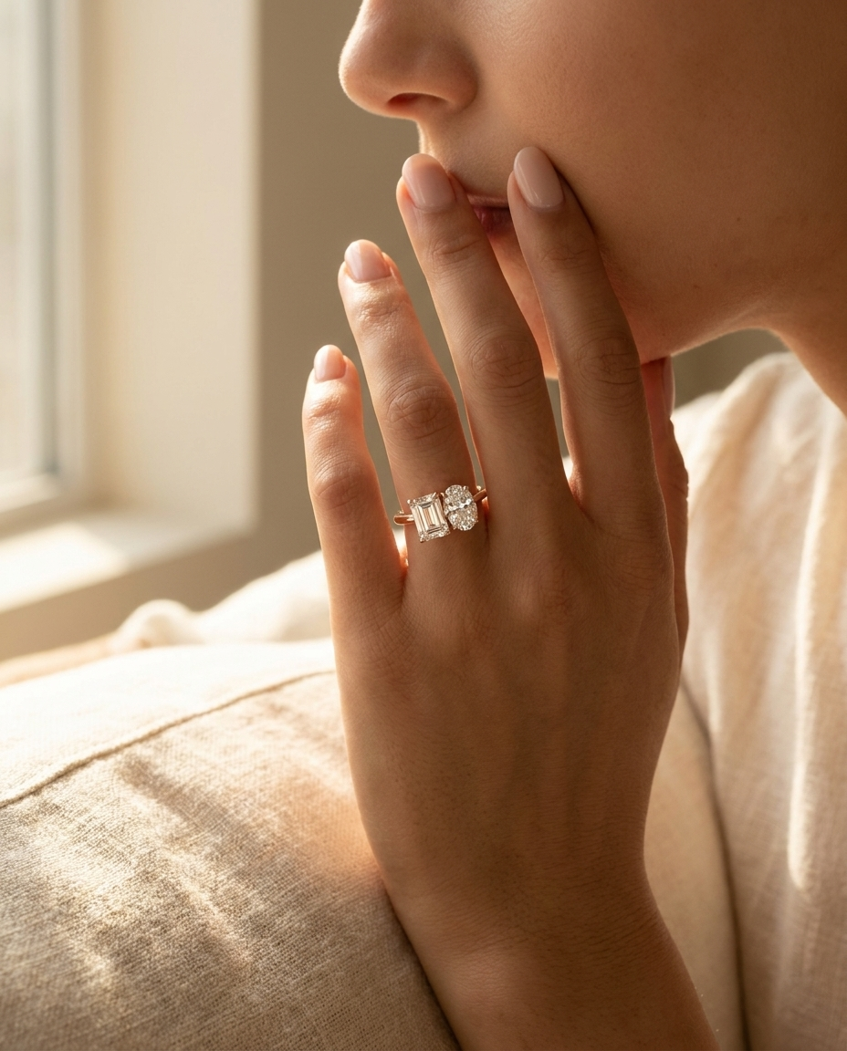 The Rihanna engagement ring setting in 14K Rose Gold, select toi et moi lab diamond cut design | RockHer