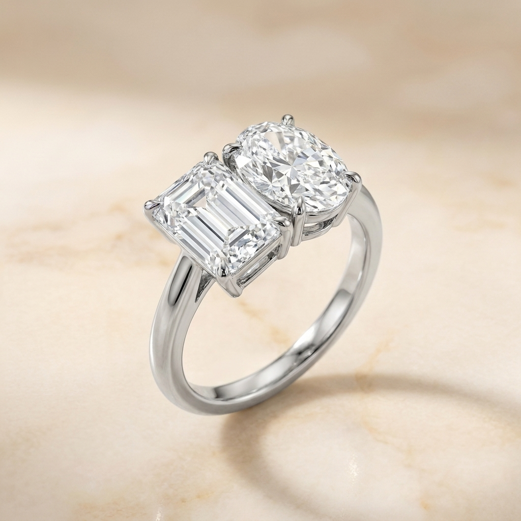 European Cut, 14K White Gold Rihanna Toi et Moi Select Emerald & Pear Lab Diamond Engagement Ring, prong setting – side profile | RockHer