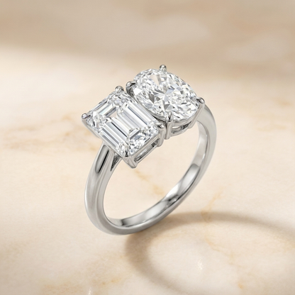 European Cut, 14K White Gold Rihanna Toi et Moi Select Emerald & Pear Lab Diamond Engagement Ring, prong setting – side profile | RockHer