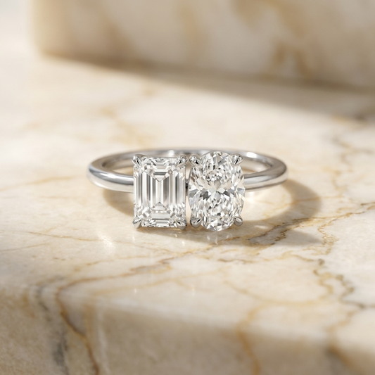 European Cut, 14K White Gold Rihanna Toi et Moi Select Emerald & Pear Lab Diamond Engagement Ring, prong setting | RockHer