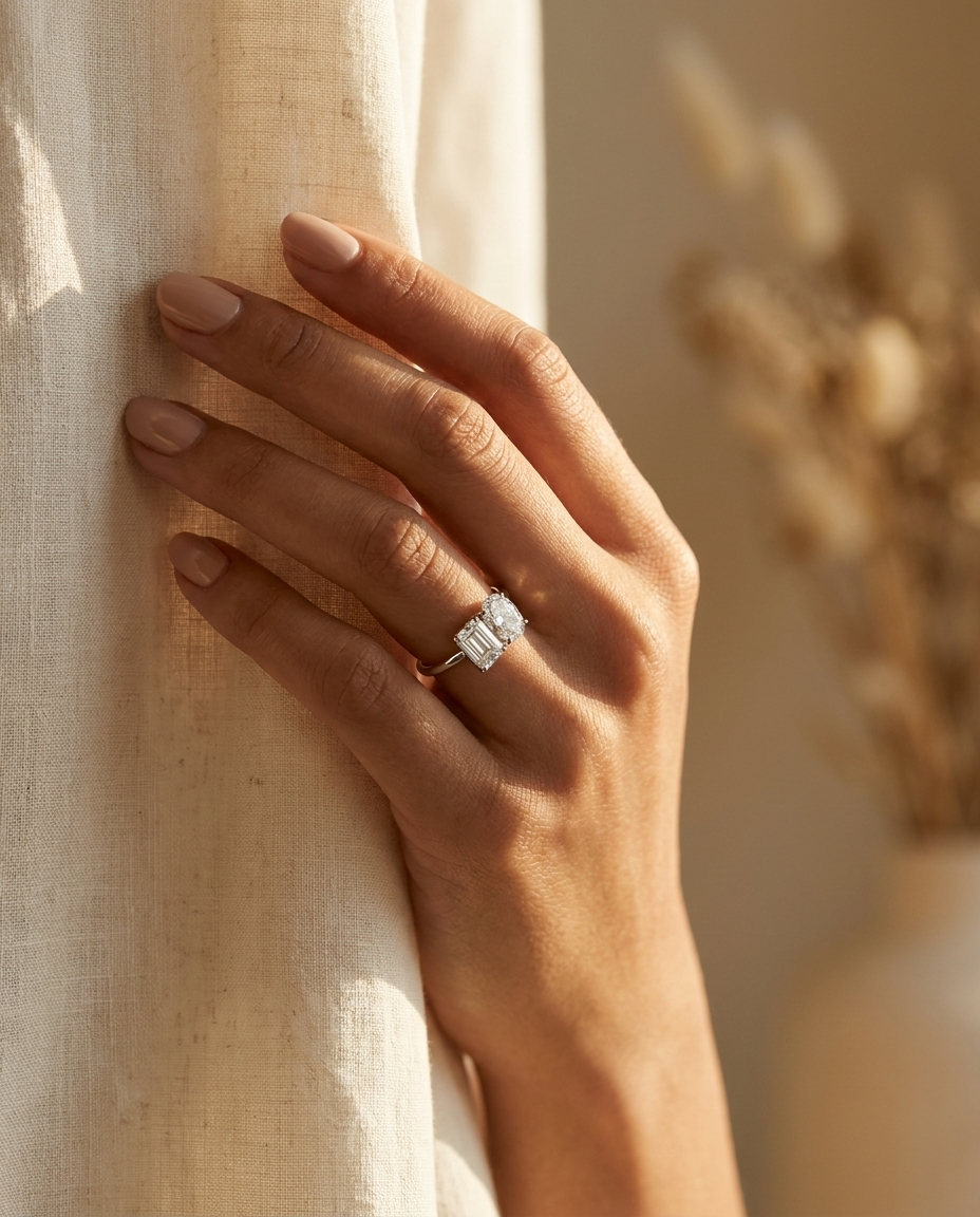 European Cut, 14K White Gold Rihanna Toi et Moi Select Emerald & Pear Lab Diamond Engagement Ring, prong setting – lifestyle shot | RockHer