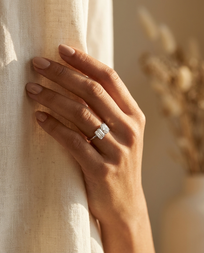 European Cut, 14K White Gold Rihanna Toi et Moi Select Emerald & Pear Lab Diamond Engagement Ring, prong setting – lifestyle shot | RockHer