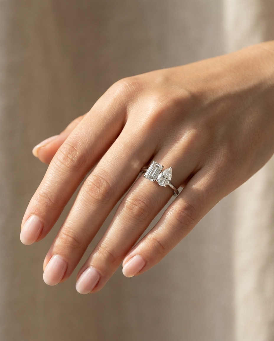 European Cut, 14K White Gold Rihanna Toi et Moi Select Emerald & Pear Lab Diamond Engagement Ring, prong setting – lifestyle shot | RockHer