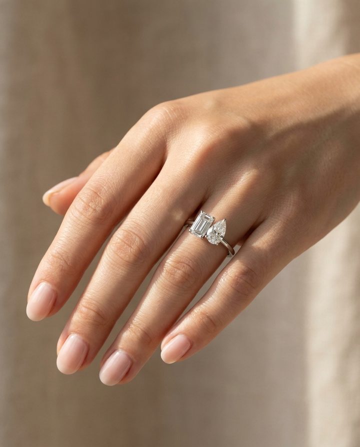 European Cut, 14K White Gold Rihanna Toi et Moi Select Emerald & Pear Lab Diamond Engagement Ring, prong setting – lifestyle shot | RockHer