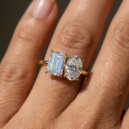 European Cut, 14K White Gold Rihanna Toi et Moi Select Emerald & Pear Lab Diamond Engagement Ring, prong setting – lifestyle shot | RockHer