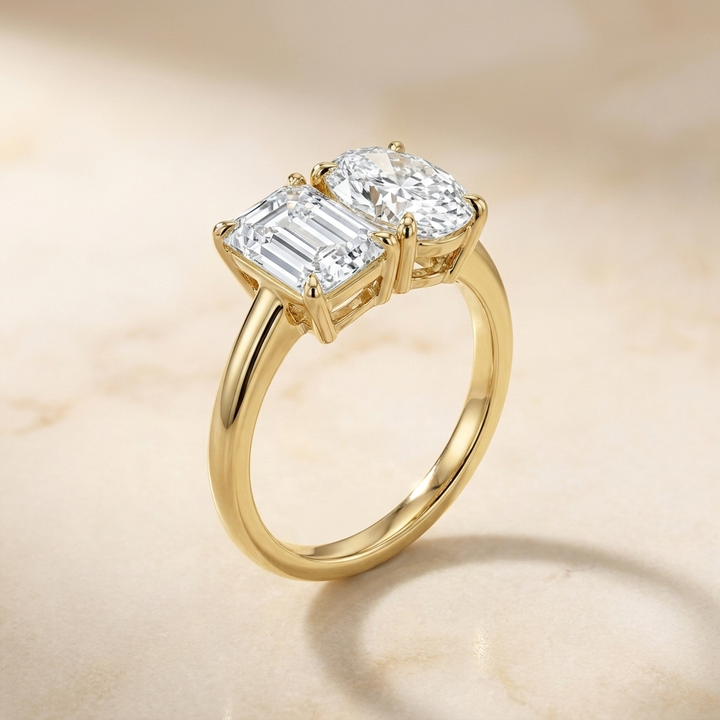 European Cut, 14K Yellow Gold Rihanna Toi et Moi Select Emerald & Pear Lab Diamond Engagement Ring, prong setting – side profile | RockHer