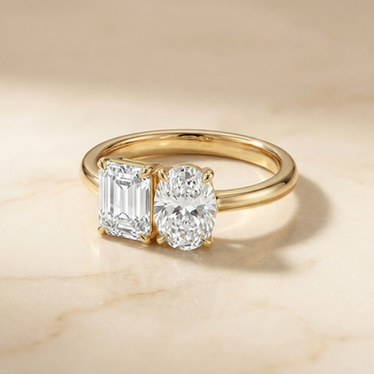 European Cut, 14K Yellow Gold Rihanna Toi et Moi Select Emerald & Pear Lab Diamond Engagement Ring, prong setting | RockHer