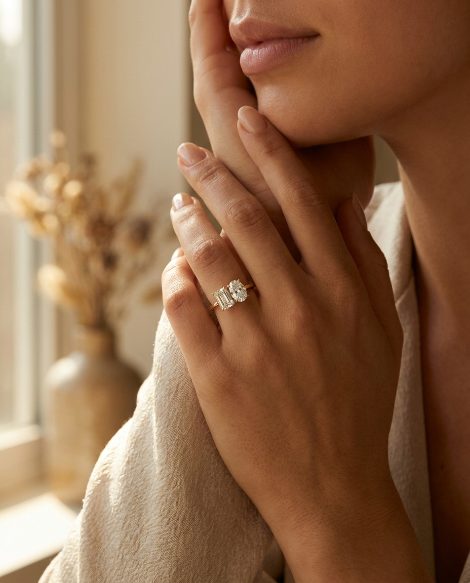European Cut, 14K Yellow Gold Rihanna Toi et Moi Select Emerald & Pear Lab Diamond Engagement Ring, prong setting – lifestyle shot | RockHer