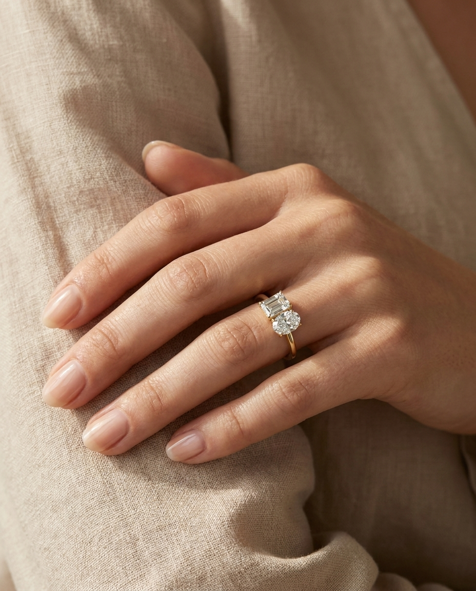 European Cut, 14K Yellow Gold Rihanna Toi et Moi Select Emerald & Pear Lab Diamond Engagement Ring, prong setting – lifestyle shot | RockHer