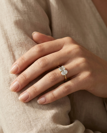 European Cut, 14K Yellow Gold Rihanna Toi et Moi Select Emerald & Pear Lab Diamond Engagement Ring, prong setting – lifestyle shot | RockHer