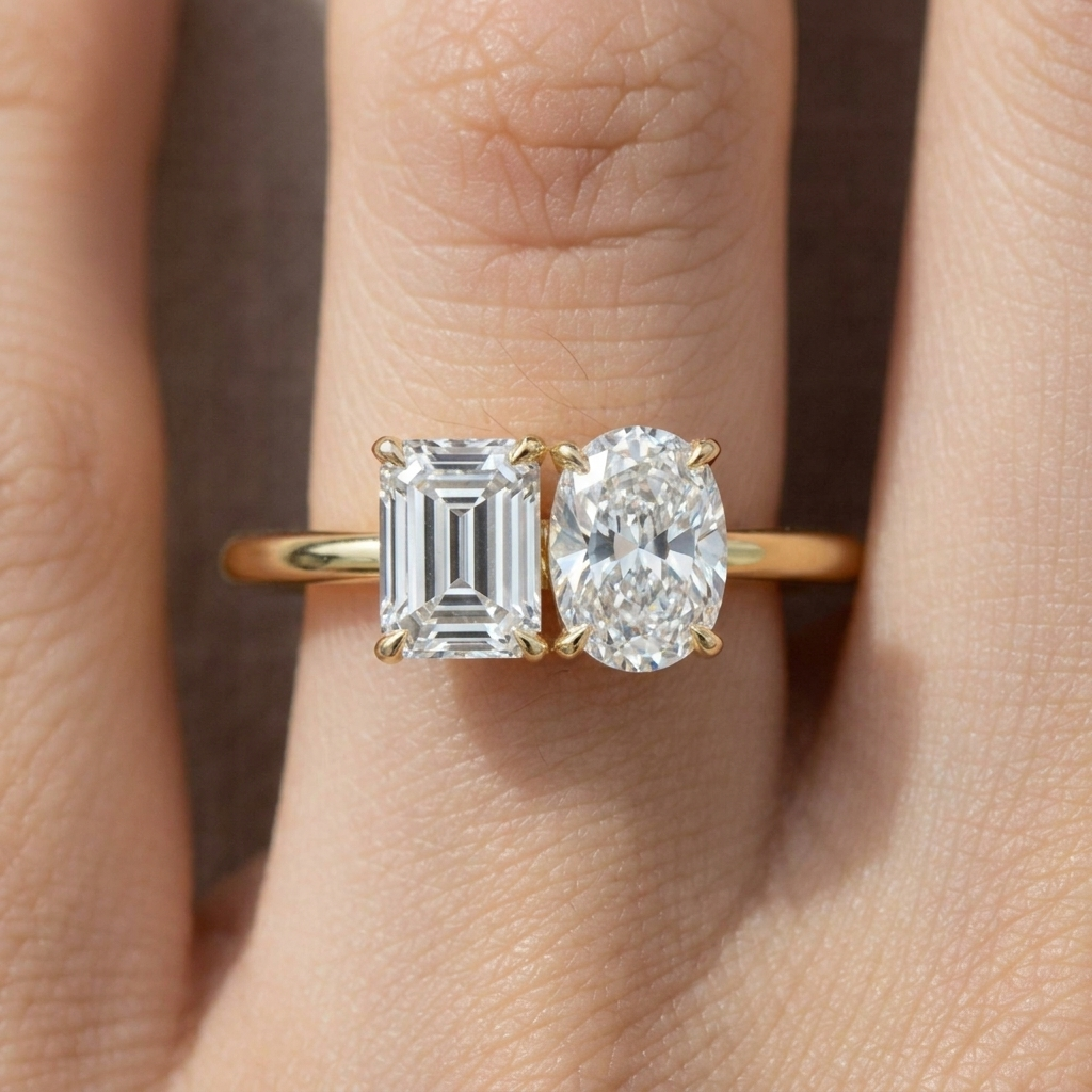 European Cut, 14K Yellow Gold Rihanna Toi et Moi Select Emerald & Pear Lab Diamond Engagement Ring, prong setting – lifestyle shot | RockHer