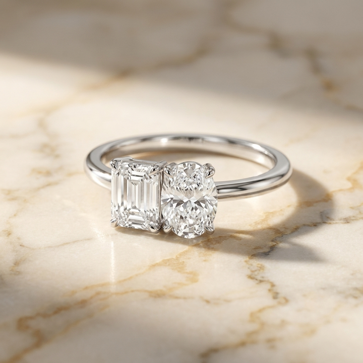 European Cut, 18K White Gold Rihanna Toi et Moi Select Emerald & Pear Lab Diamond Engagement Ring, prong setting | RockHer