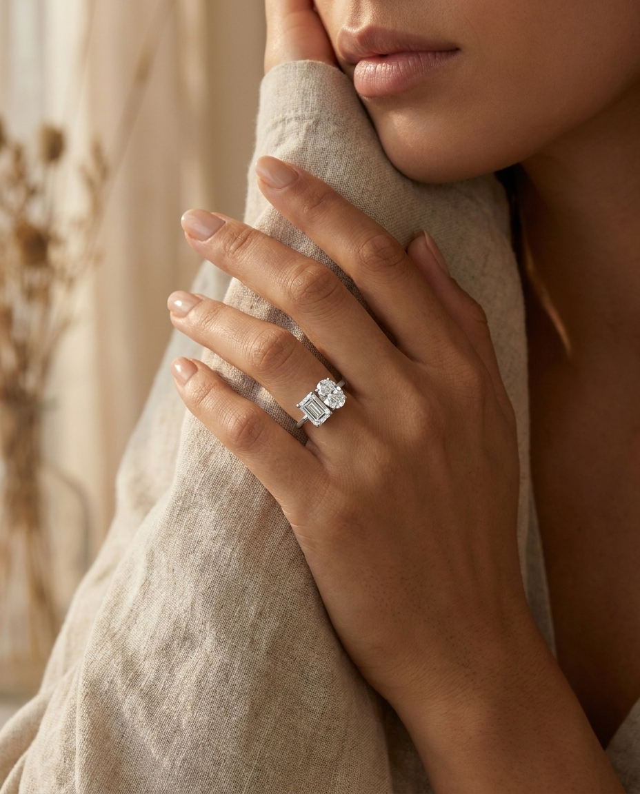The Rihanna engagement ring setting in 18K White Gold, select toi et moi lab diamond cut design | RockHer