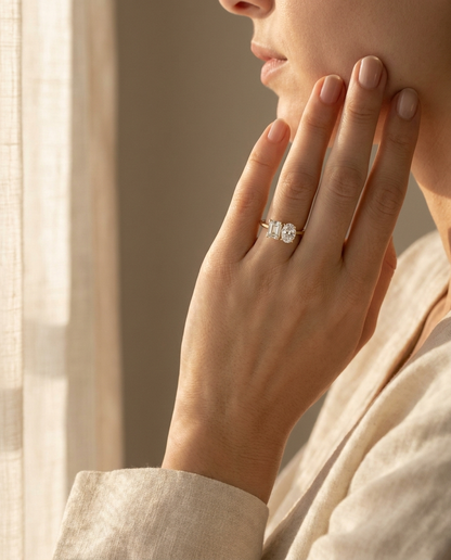 European Cut, 18K Yellow Gold Rihanna Toi et Moi Select Emerald & Pear Lab Diamond Engagement Ring, prong setting – lifestyle shot | RockHer