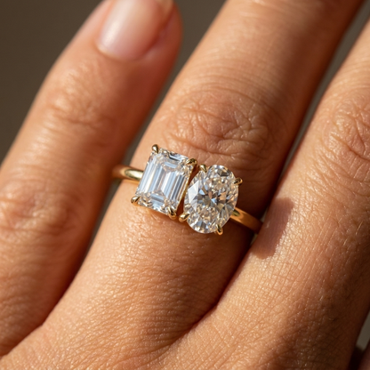 European Cut, 18K Yellow Gold Rihanna Toi et Moi Select Emerald & Pear Lab Diamond Engagement Ring, prong setting – lifestyle shot | RockHer