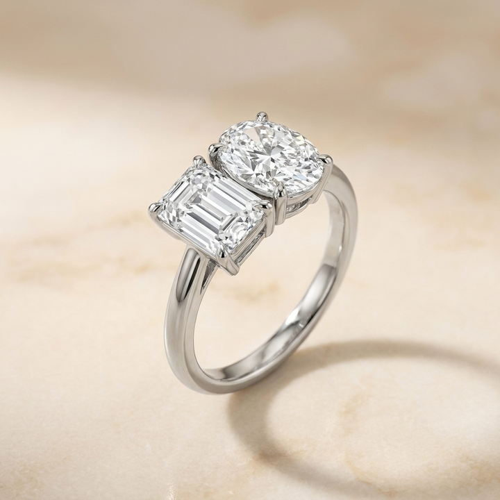 European Cut, Platinum Rihanna Toi et Moi Select Emerald & Pear Lab Diamond Engagement Ring, prong setting – side profile | RockHer