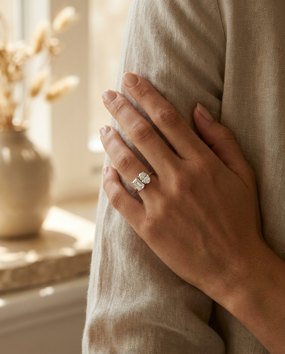 The Rihanna engagement ring setting in Platinum, select toi et moi lab diamond cut design | RockHer