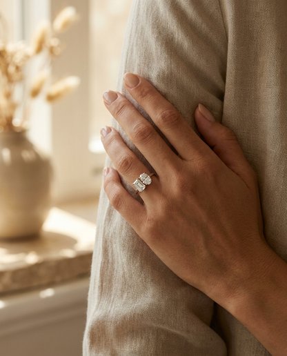 European Cut, Platinum Rihanna Toi et Moi Select Emerald & Pear Lab Diamond Engagement Ring, prong setting – lifestyle shot | RockHer