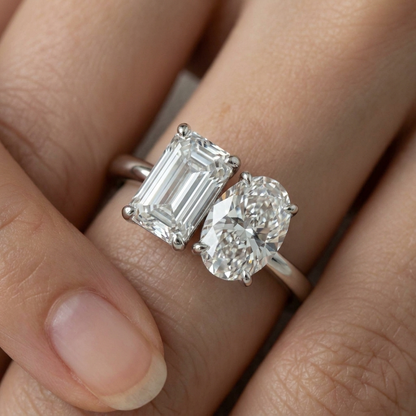 European Cut, Platinum Rihanna Toi et Moi Select Emerald & Pear Lab Diamond Engagement Ring, prong setting – lifestyle shot | RockHer