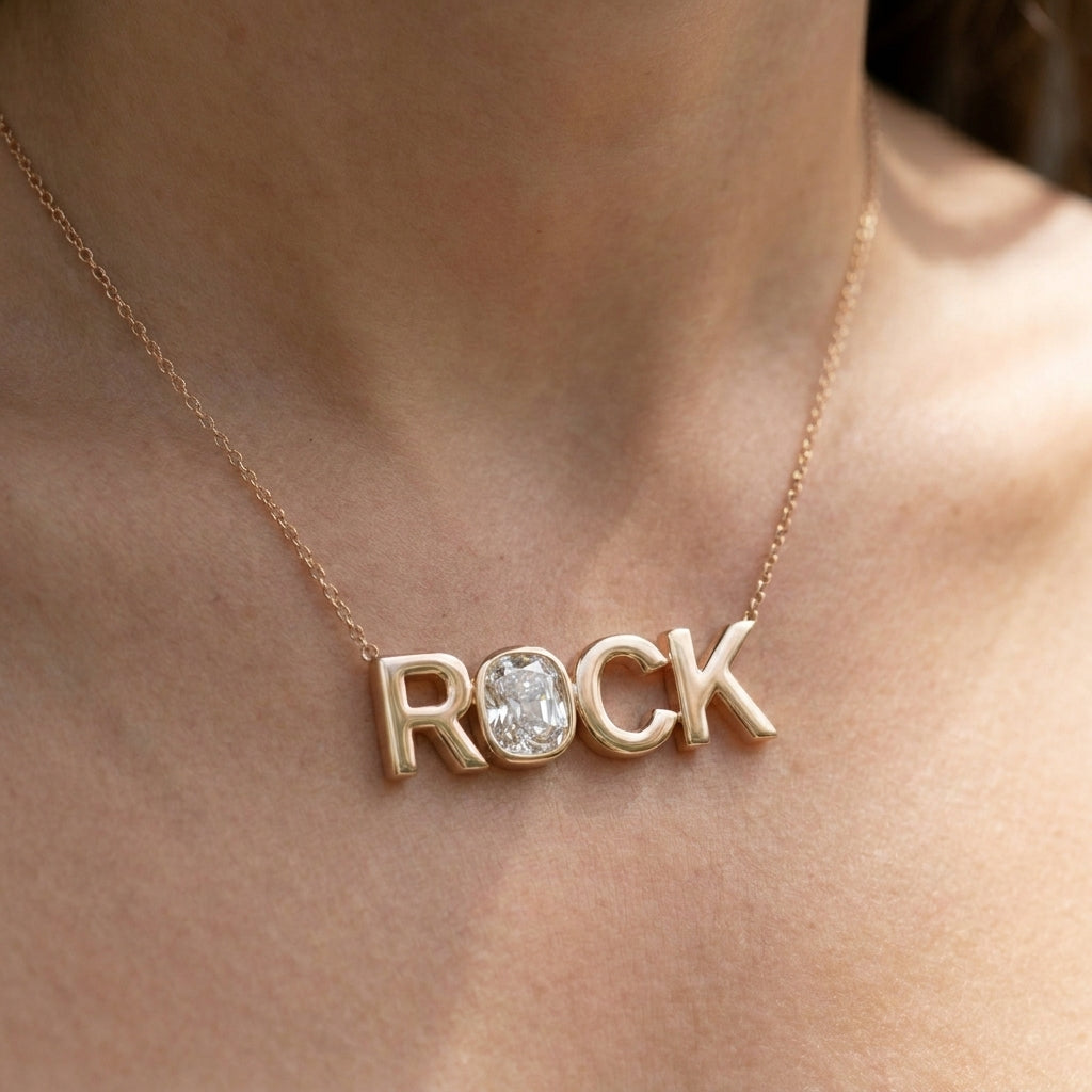 ROCK lab-grown diamond necklace in 14K Rose Gold, worn on neck