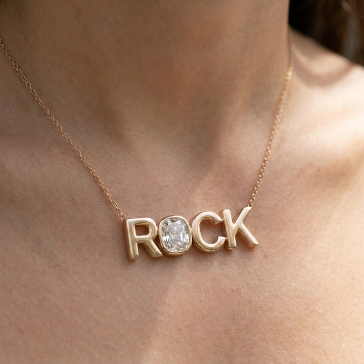 ROCK lab-grown diamond necklace in 14K Rose Gold, worn on neck