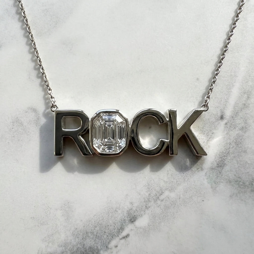 ROCK lab-grown diamond letter necklace in 14K White Gold