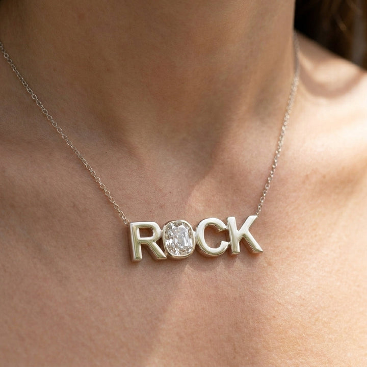 ROCK lab-grown diamond necklace in 14K White Gold, worn on neck