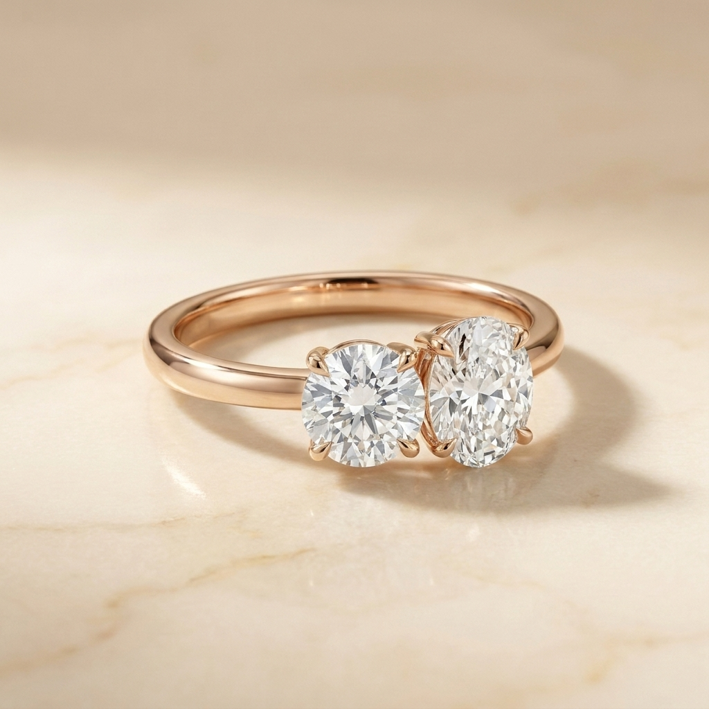 Round Brilliant, 14K Rose Gold Sasha Toi et Moi Select Round & Oval Lab Diamond Engagement Ring, prong setting | RockHer