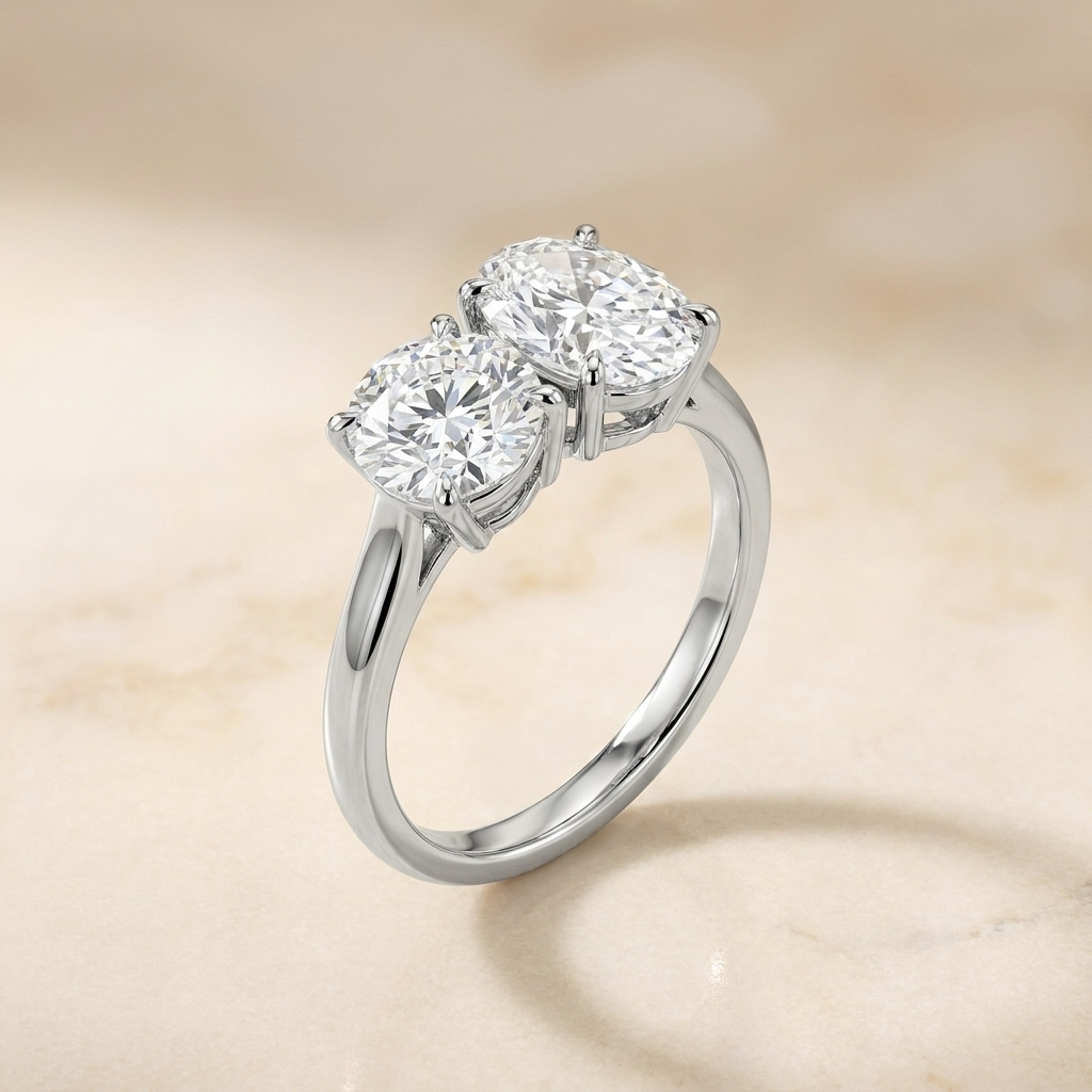 18K White Gold Sasha Toi et Moi Select Round & Oval Lab Diamond Engagement Ring - Alt angle on warm marble