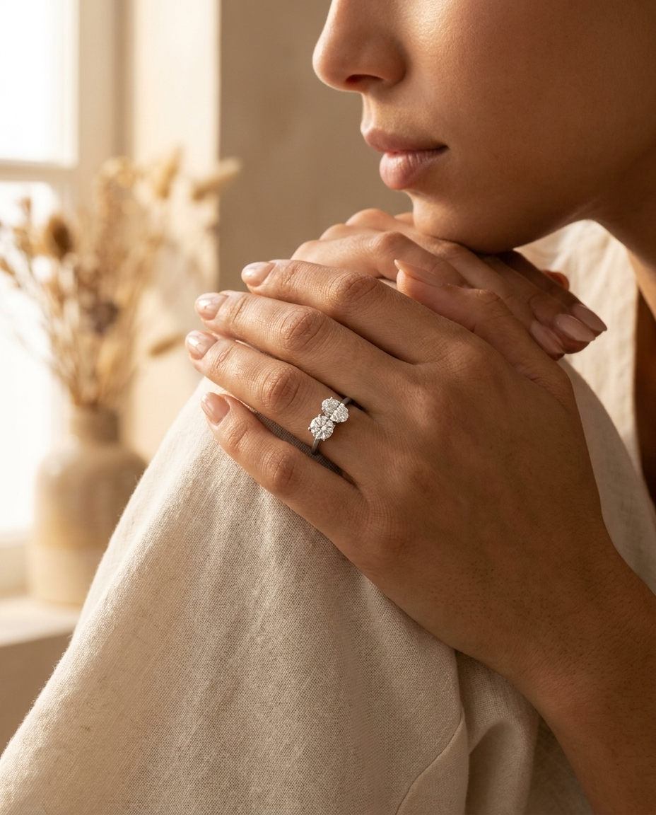 18K White Gold Sasha Toi et Moi Select Round & Oval Lab Diamond Engagement Ring - Lifestyle scene with hand model