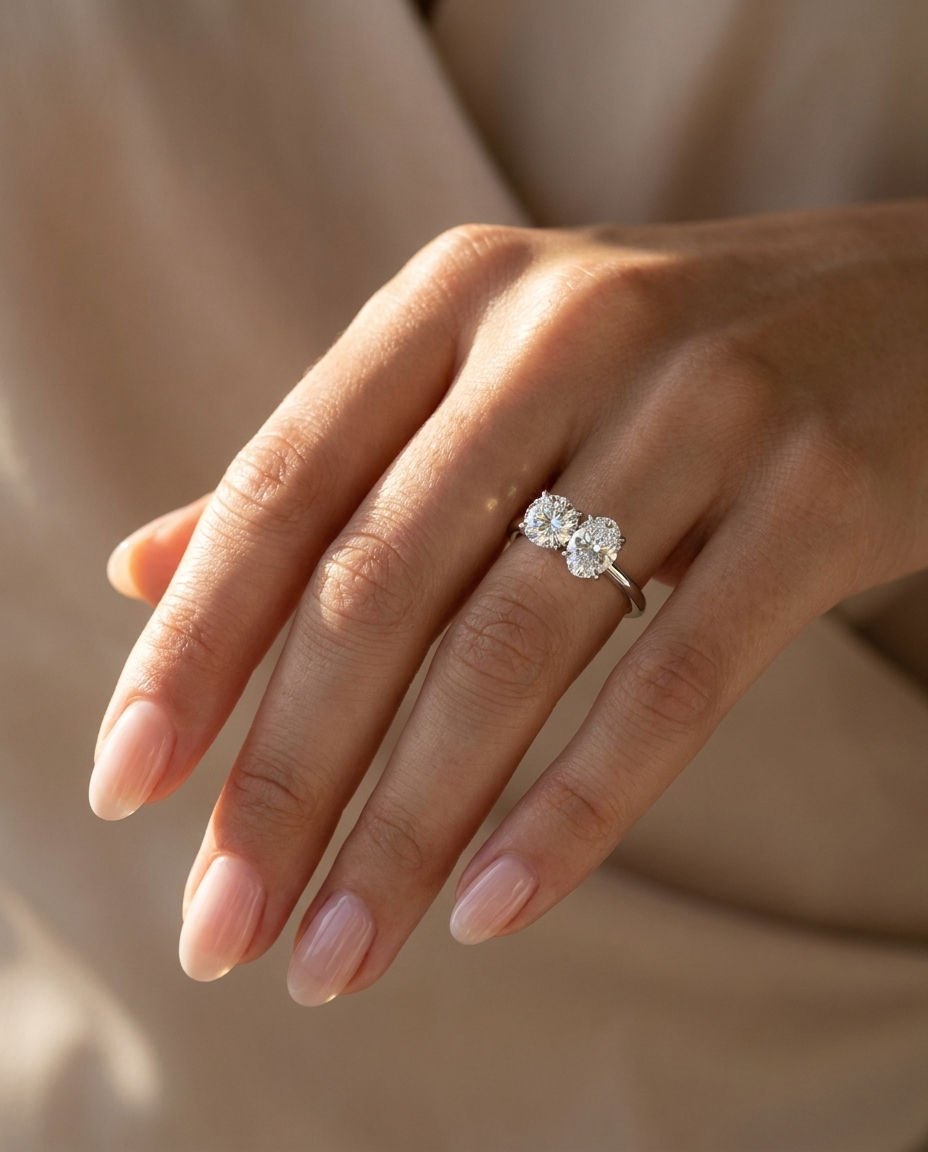18K White Gold Sasha Toi et Moi Select Round & Oval Lab Diamond Engagement Ring - Ring on hand model