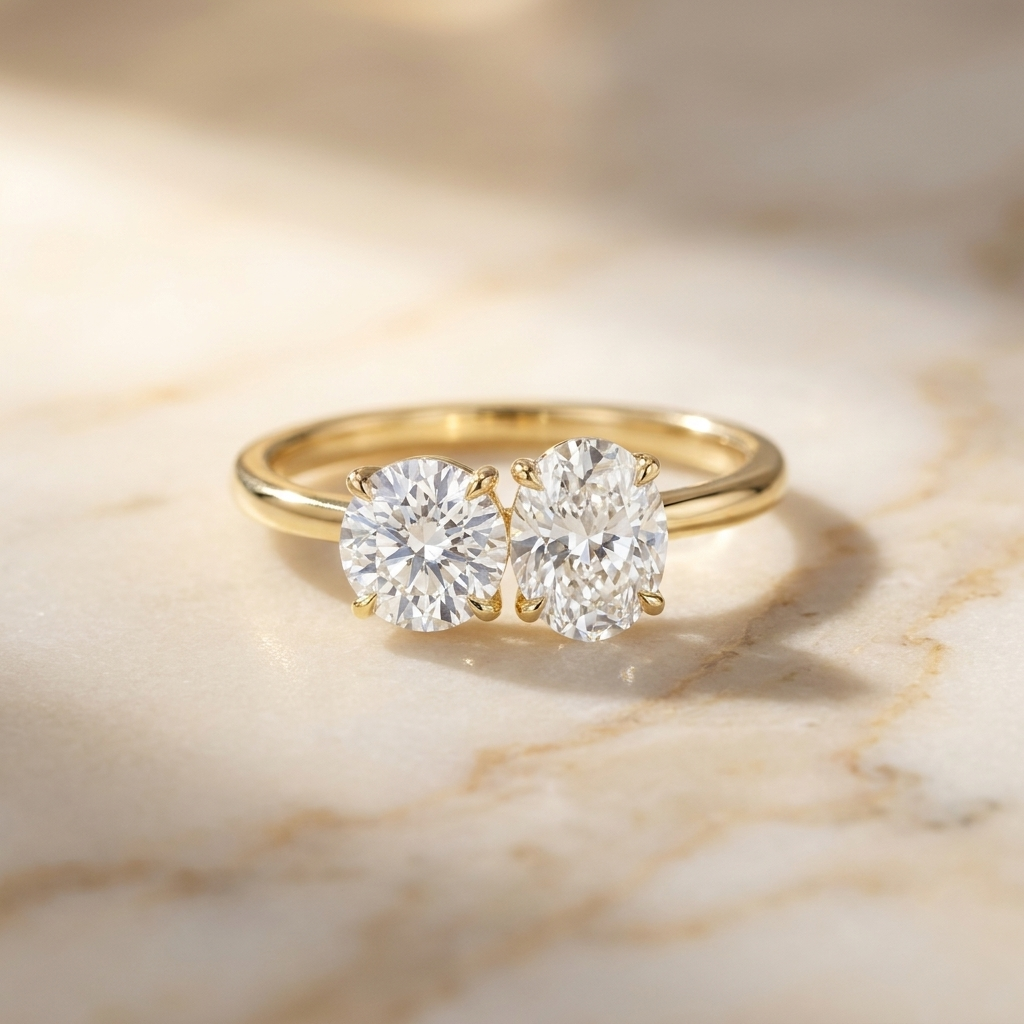 18K Yellow Gold Sasha Toi et Moi Select Round & Oval Lab Diamond Engagement Ring - Hero on warm marble