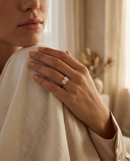 Round Brilliant, Platinum Sasha Toi et Moi Select Round & Oval Lab Diamond Engagement Ring, prong setting – lifestyle shot | RockHer