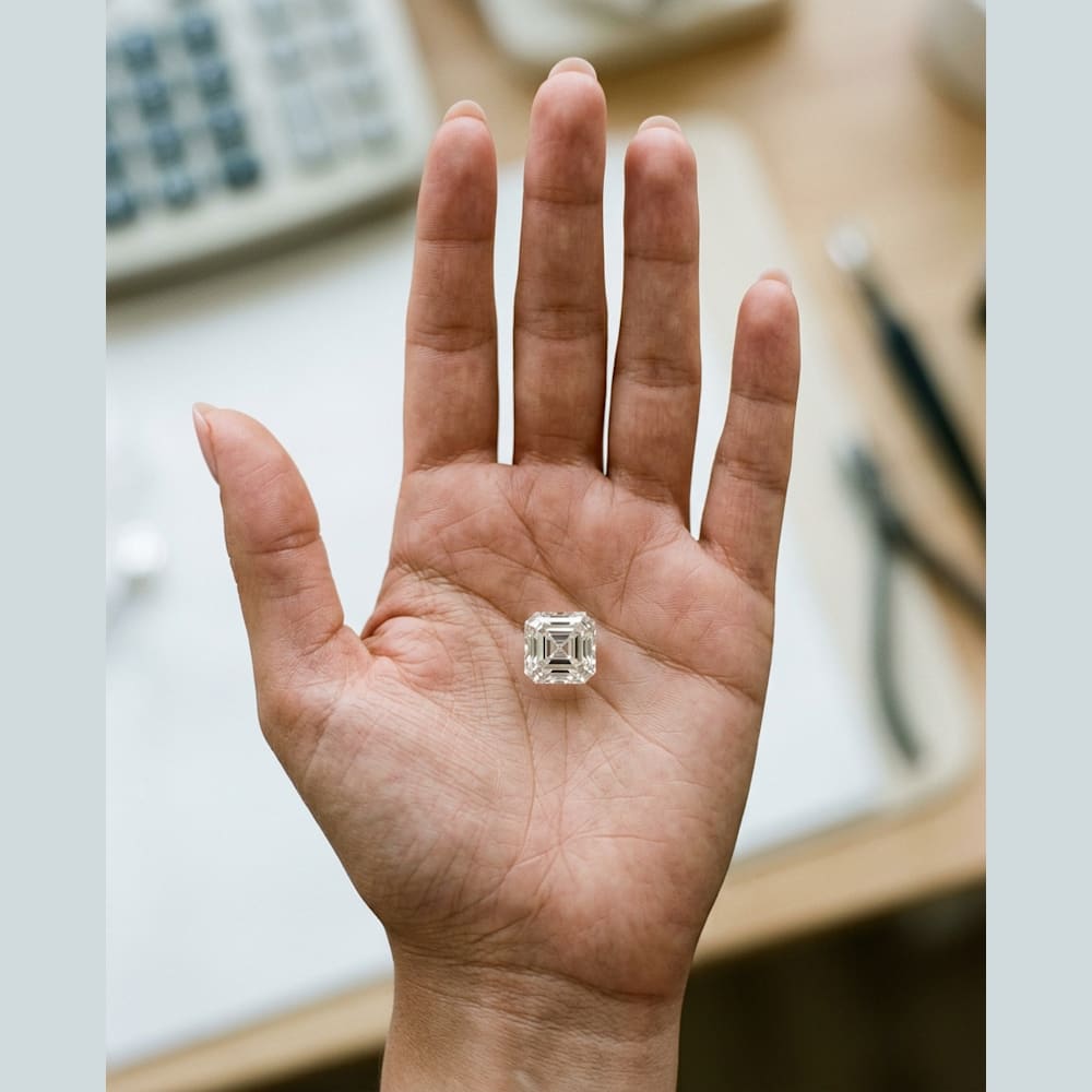 1 Carat Asscher Lab Grown Diamond, true-scale on open palm