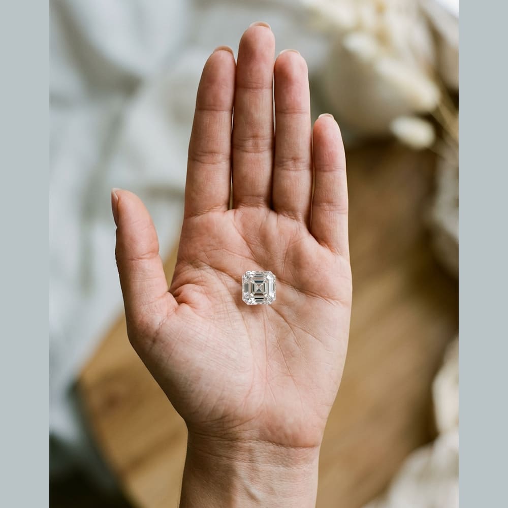 1-1/4 Carat Asscher Lab Grown Diamond, true-scale on open palm