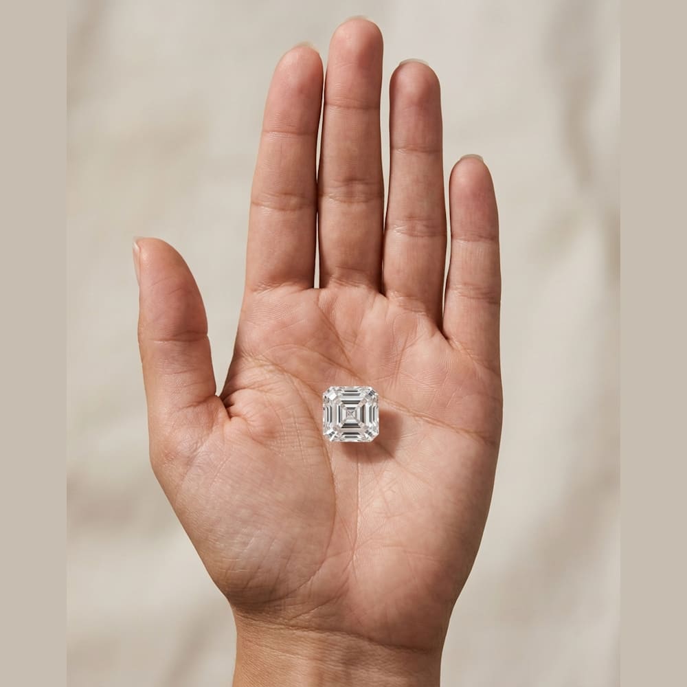 1-1/2 Carat Asscher Lab Grown Diamond, true-scale on open palm
