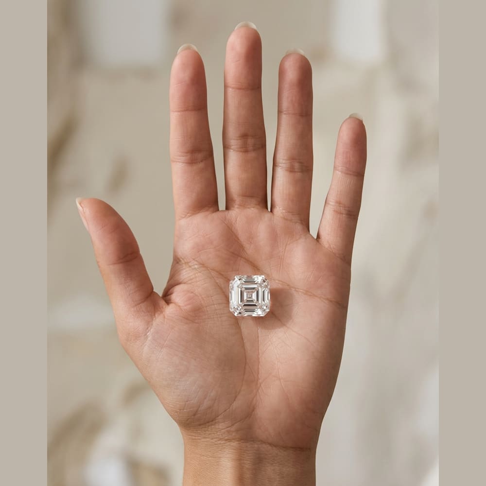 1-3/4 Carat Asscher Lab Grown Diamond, true-scale on open palm