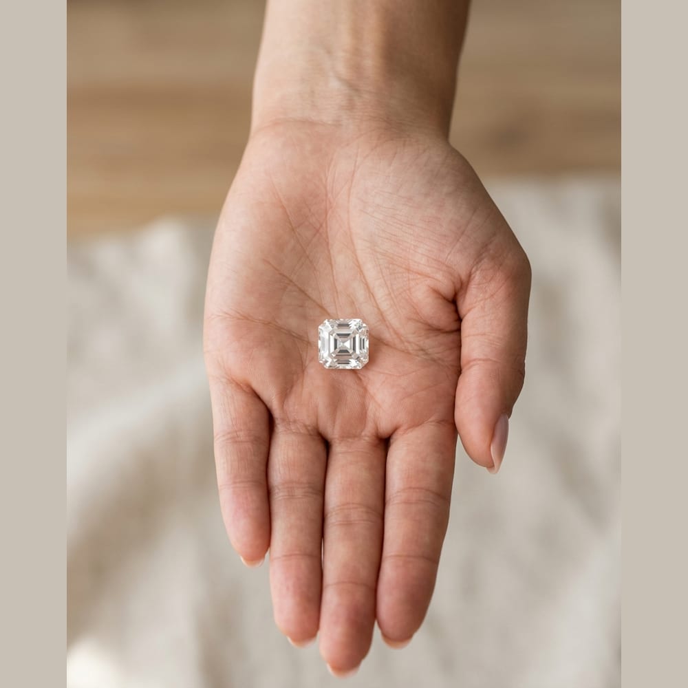 2 Carat Asscher Lab Grown Diamond, true-scale on open palm