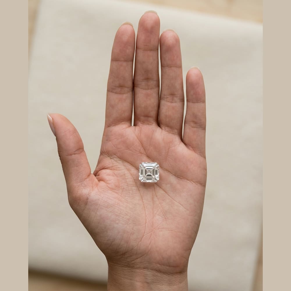 2-1/2 Carat Asscher Lab Grown Diamond, true-scale on open palm
