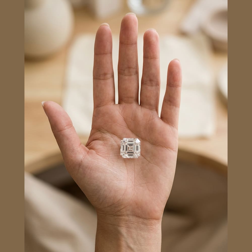 3 Carat Asscher Lab Grown Diamond, true-scale on open palm
