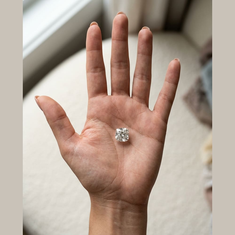 1 Carat Cushion Lab Grown Diamond, true-scale on open palm